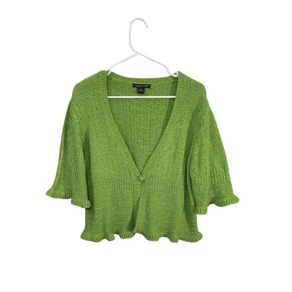 VTG August Silk Green Ribbon Knit Ruffle Hem Cardigan Sweater Sz XL Cottagecore - Picture 1 of 6